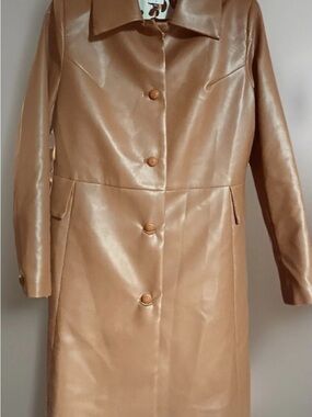 CAbi Camel Faux Leather Button-Front Trench Coat Jacket Brown Patten Retro